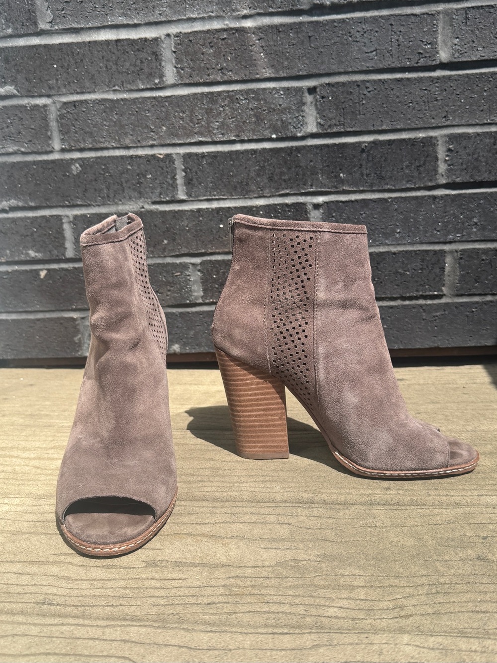Gianni Bini Women's Taupe Suede Peep-Toe Ankle Booties - Picture 2 of 5